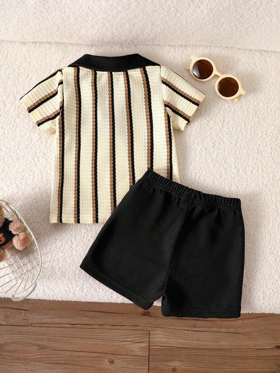 Playful Pals Baby Boy Khaki OOTD: Textured V-Neck and Striped Outfit