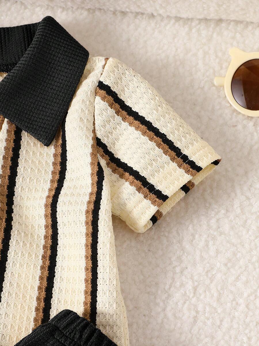 Playful Pals Baby Boy Khaki OOTD: Textured V-Neck and Striped Outfit