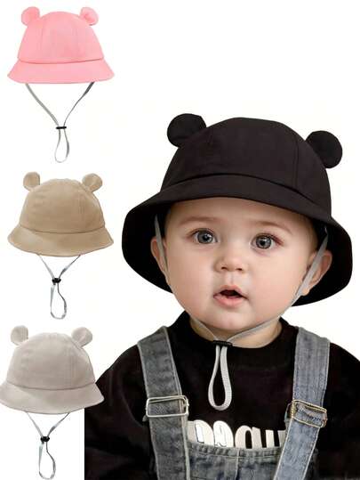 1pc Cute Ear Design Drawstring Bucket Hat for Infant Daily Wear