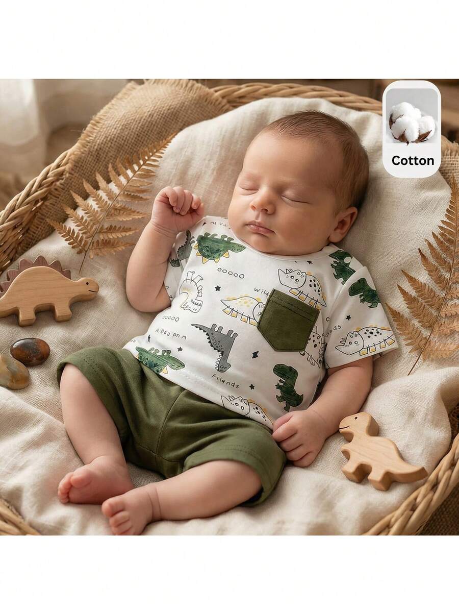 Newborn Boy & Girl Summer Knit Outfit -Cute Cartoon Bear Striped Shirt & Shorts Set