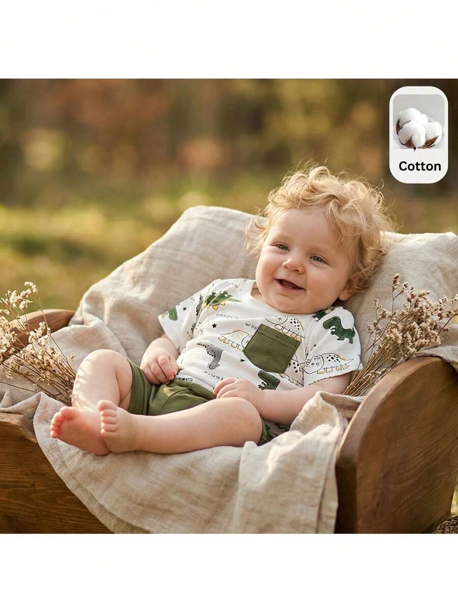 Newborn Boy & Girl Summer Knit Outfit -Cute Cartoon Bear Striped Shirt & Shorts Set