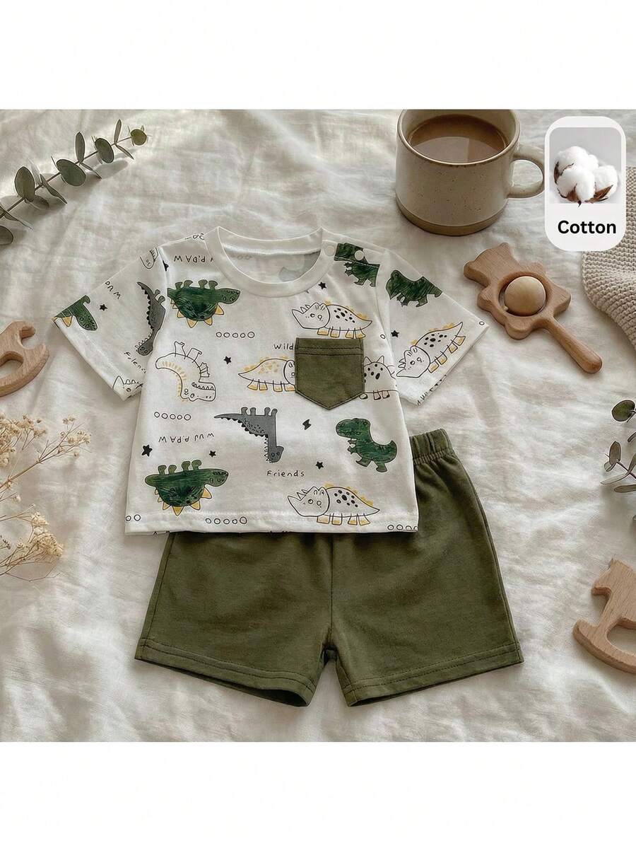Newborn Boy & Girl Summer Knit Outfit -Cute Cartoon Bear Striped Shirt & Shorts Set