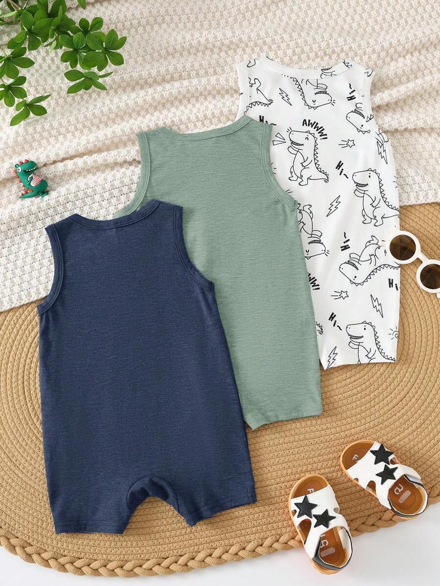 Unisex Dinosaur Print Sleeveless Romper Set For Toddlers Spring Summer Wear