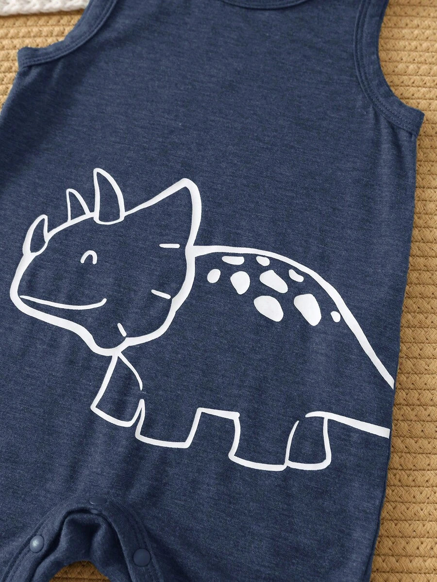 Unisex Dinosaur Print Sleeveless Romper Set For Toddlers Spring Summer Wear