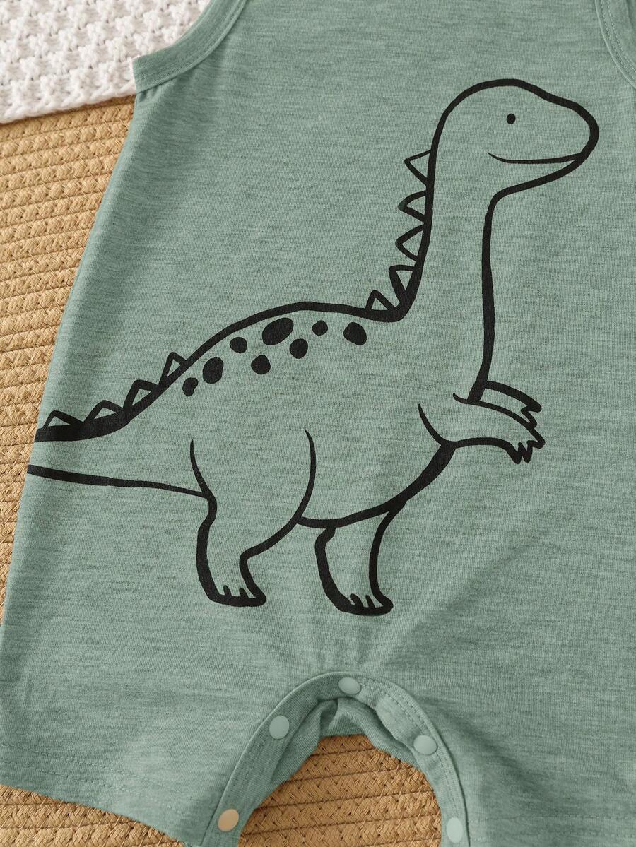 Unisex Dinosaur Print Sleeveless Romper Set For Toddlers Spring Summer Wear