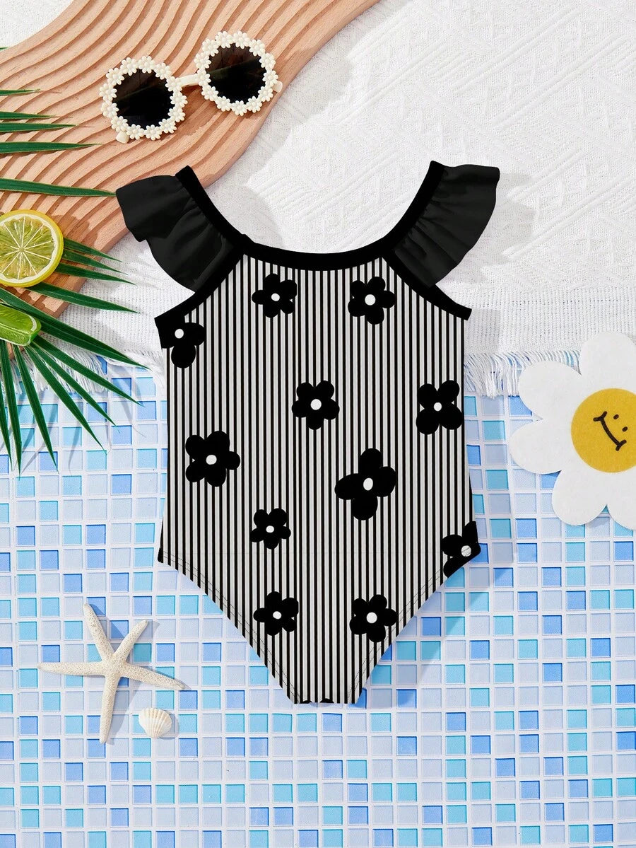 Vintage Shell Print One Piece Swimsuit For Baby Girls Summer Beach Vacation Wear