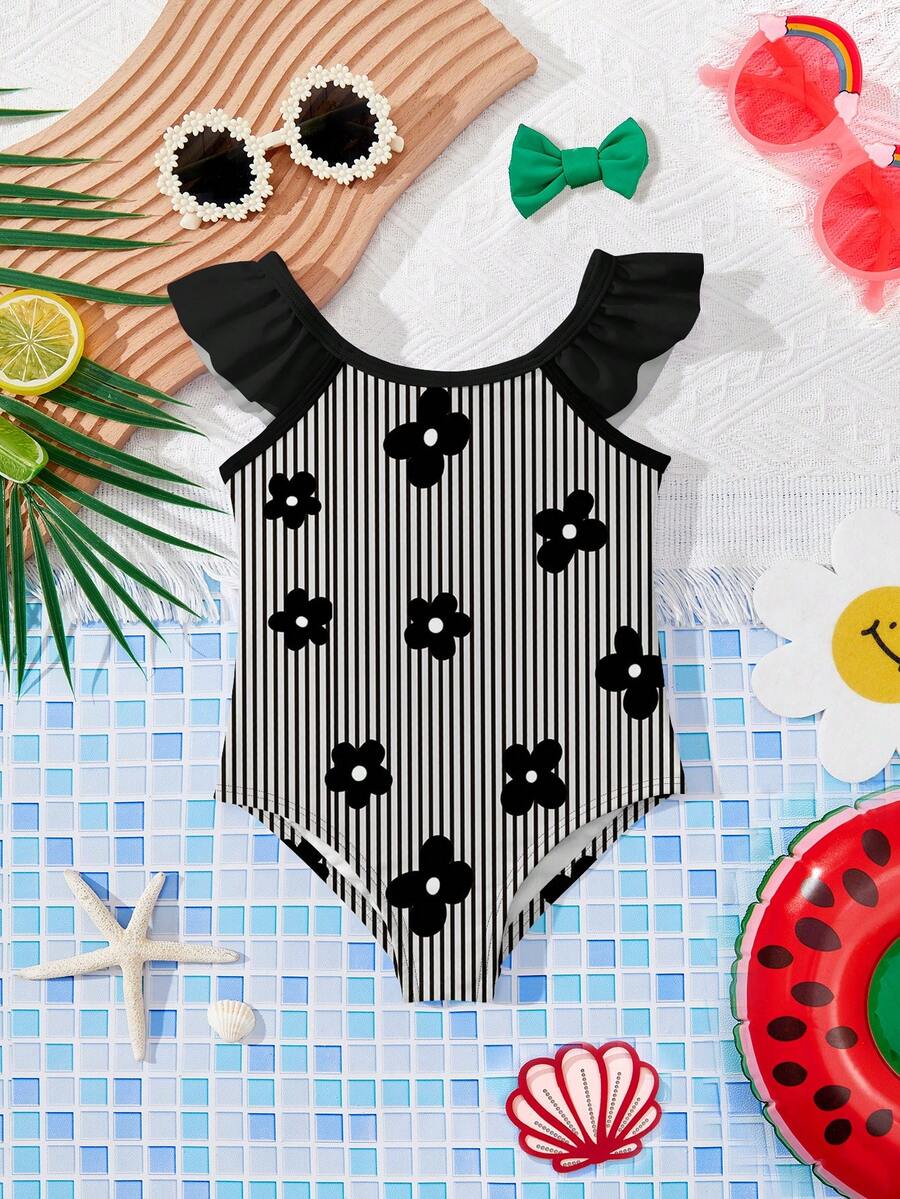 Vintage Shell Print One Piece Swimsuit For Baby Girls Summer Beach Vacation Wear