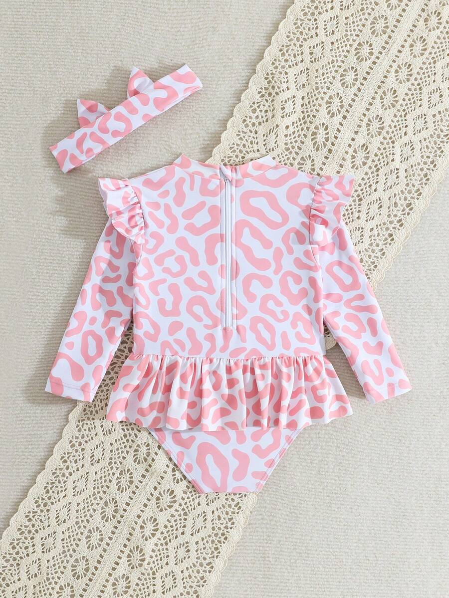 Little Girls Floral Ruffle Swimwear And Matching Headband Summer Vacation Outfit