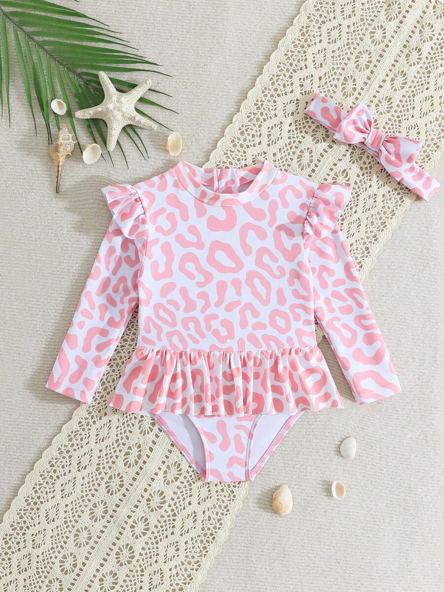 Little Girls Floral Ruffle Swimwear And Matching Headband Summer Vacation Outfit