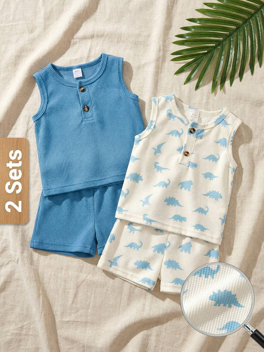 Cute Dinosaur Print Summer Set with Faux Pocket Detail for Baby Boys