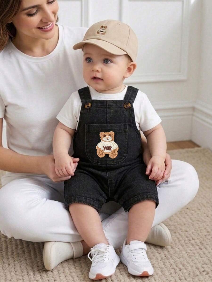 Playful Pals Baby Boy Bear Embroidery Romper - Summer Casual Pocket Jumpsuit