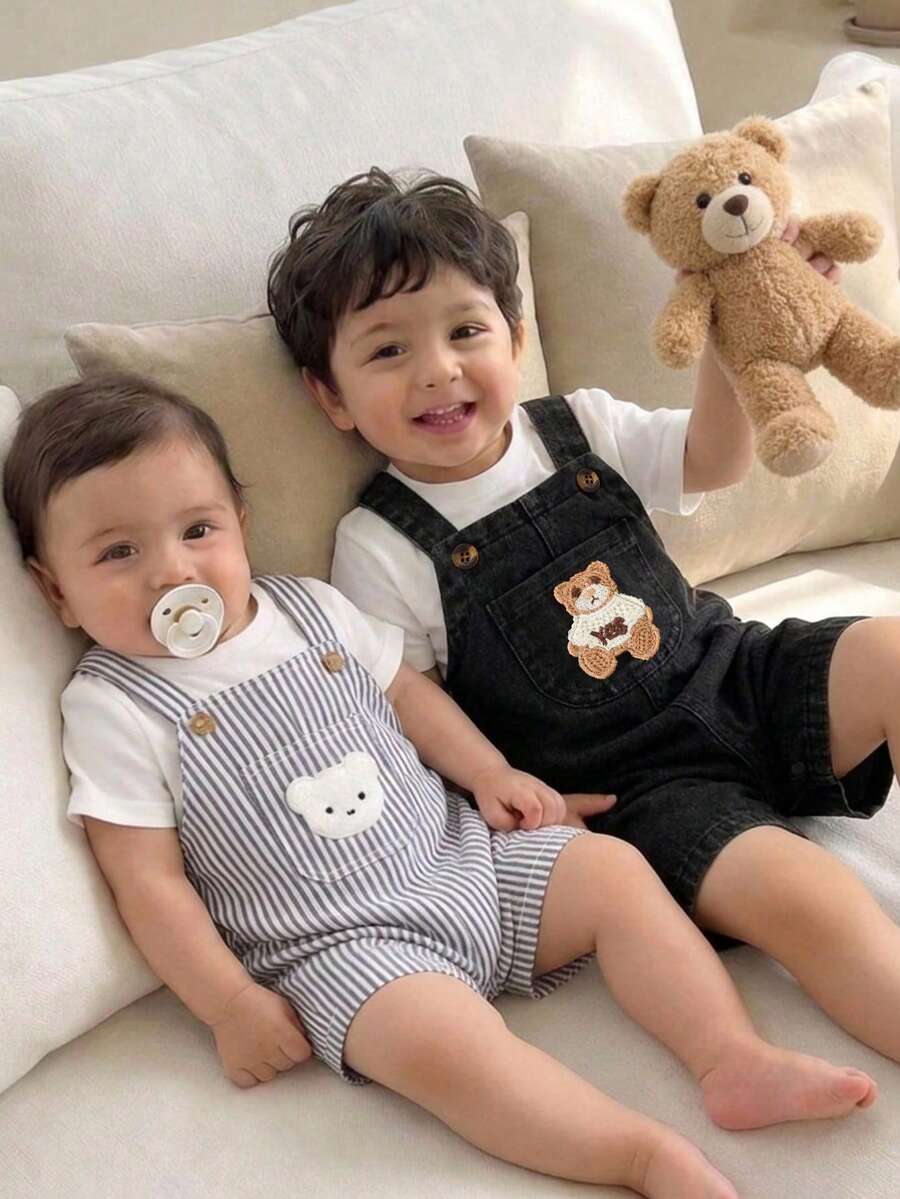 Playful Pals Baby Boy Bear Embroidery Romper - Summer Casual Pocket Jumpsuit