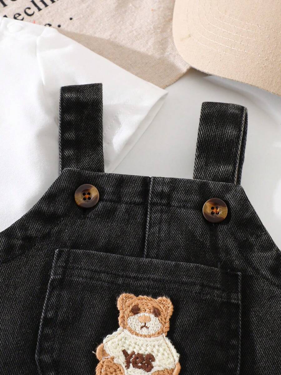 Playful Pals Baby Boy Bear Embroidery Romper - Summer Casual Pocket Jumpsuit