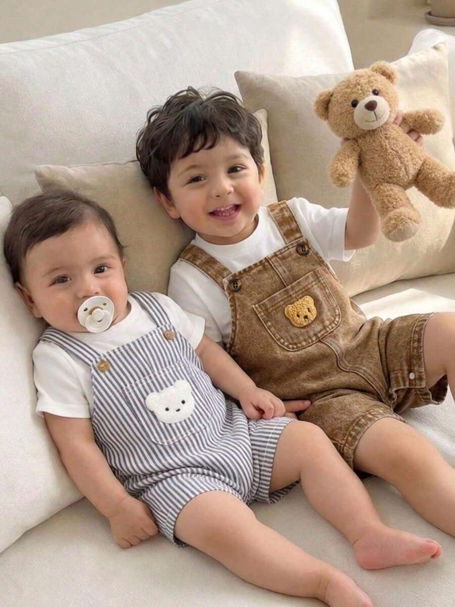 Playful Pals Baby Boy Bear Embroidery Romper - Summer Casual Pocket Jumpsuit