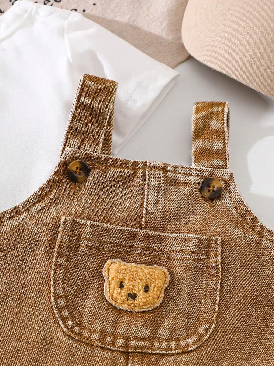 Playful Pals Baby Boy Bear Embroidery Romper - Summer Casual Pocket Jumpsuit