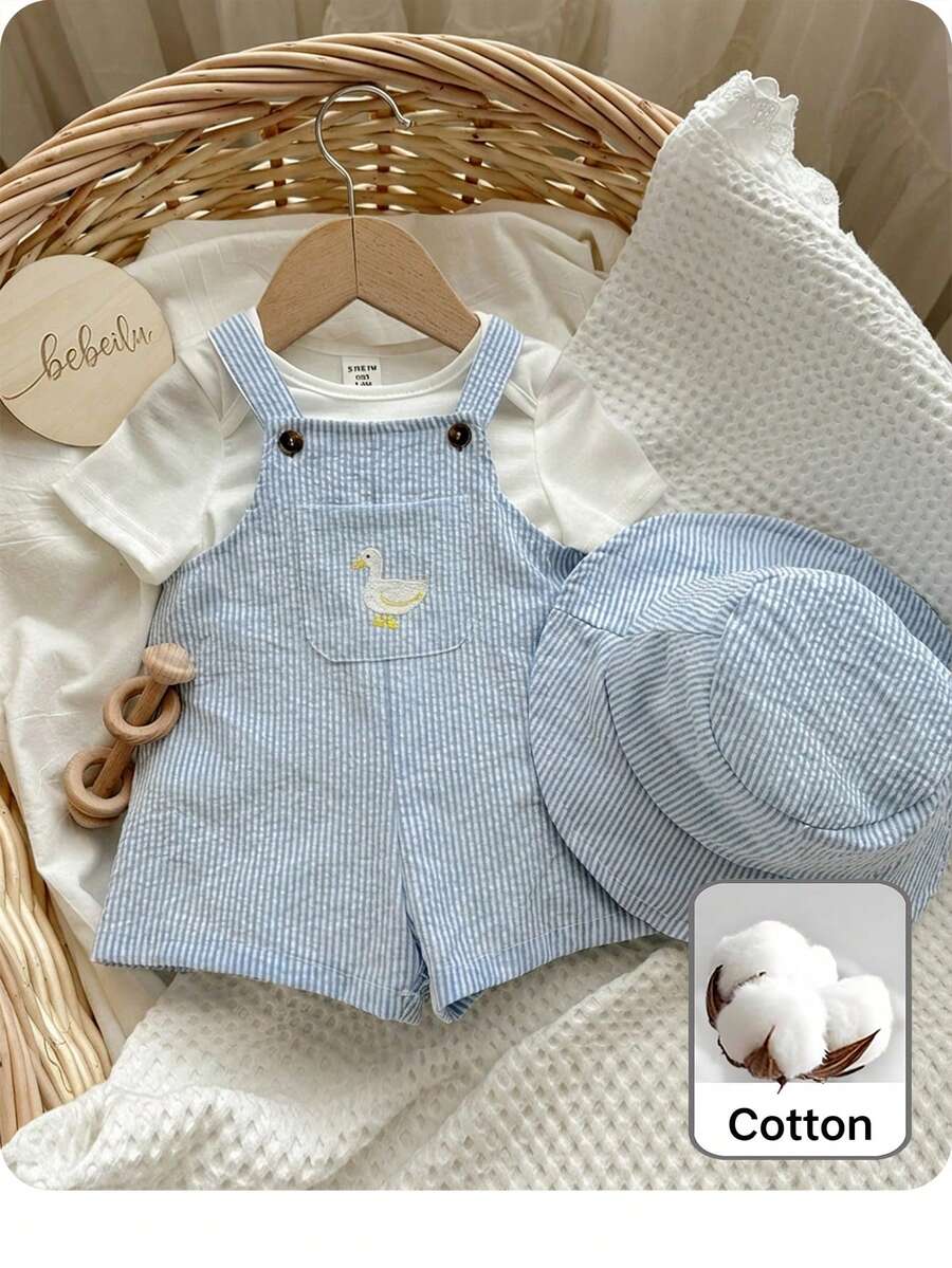 2PCS Baby Duck Striped Sleeveless Romper and Hat Set for Cute Summer Daily Wear