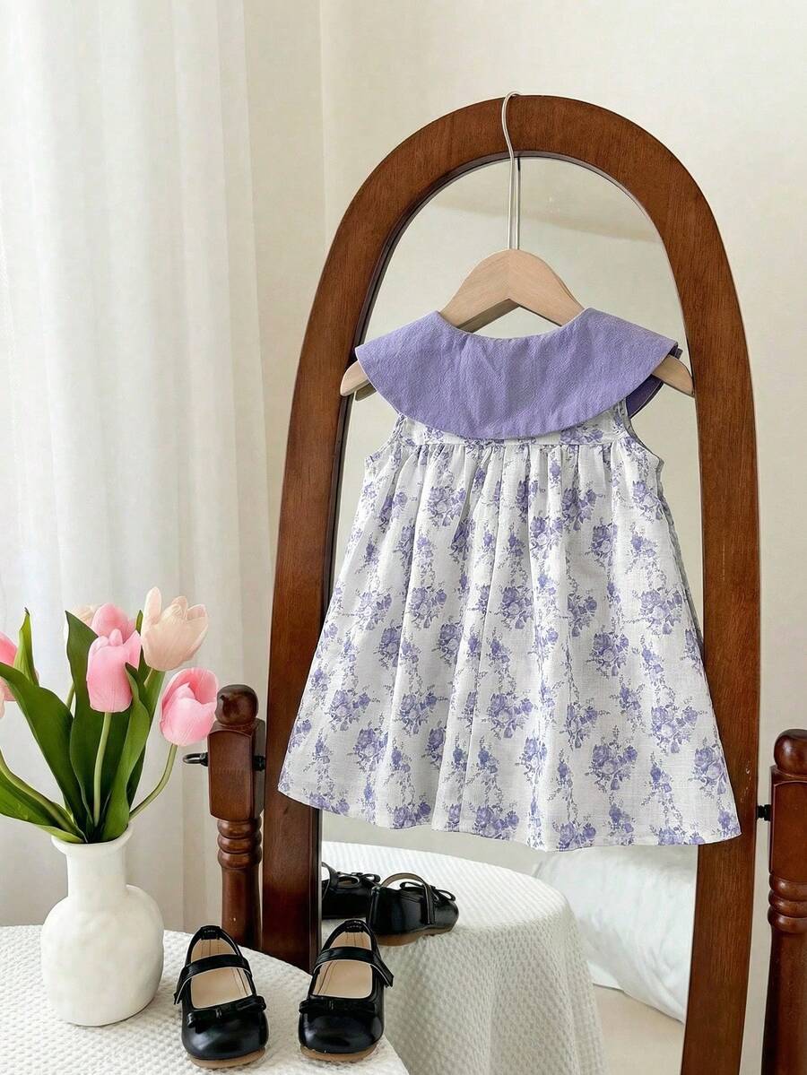 Ruffle Collar Floral Print Sleeveless Dress for Baby Girls