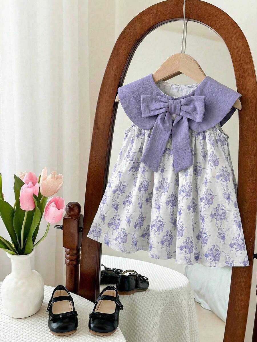Ruffle Collar Floral Print Sleeveless Dress for Baby Girls