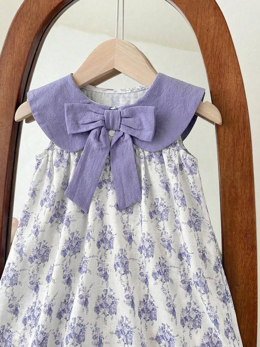 Ruffle Collar Floral Print Sleeveless Dress for Baby Girls
