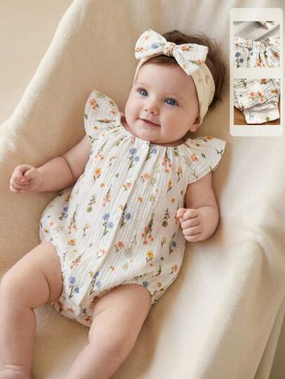 Baby Floral and Grass Print Ruffle Sleeve Romper with Headband for Summer Outings