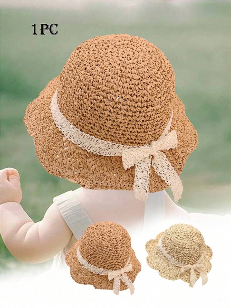 1pc Knitted Lace Bow Sun Hat for Baby and Toddler Casual Wear