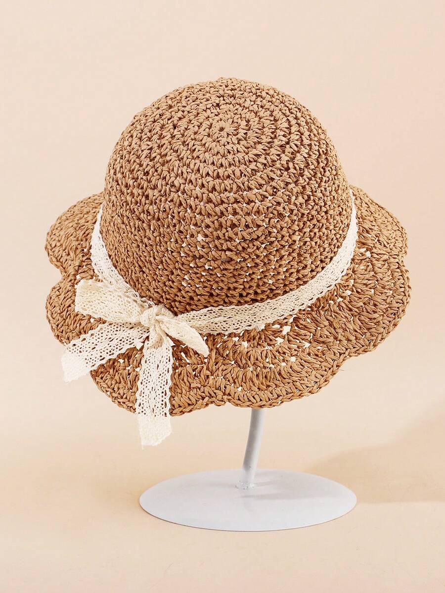 1pc Knitted Lace Bow Sun Hat for Baby and Toddler Casual Wear