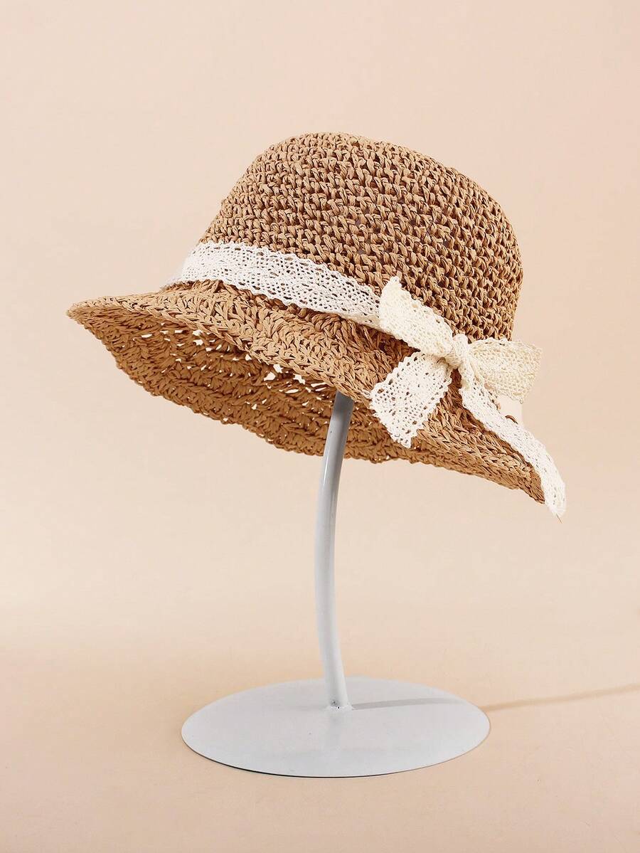 1pc Knitted Lace Bow Sun Hat for Baby and Toddler Casual Wear