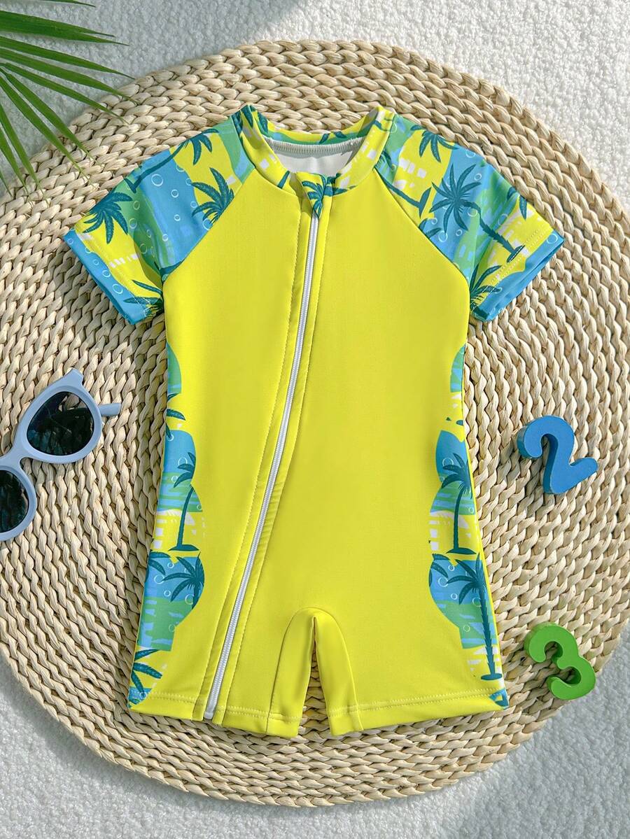 Baby Dinosaur Print Zipper One-Piece Swimsuit for Summer Beach and Pool Days