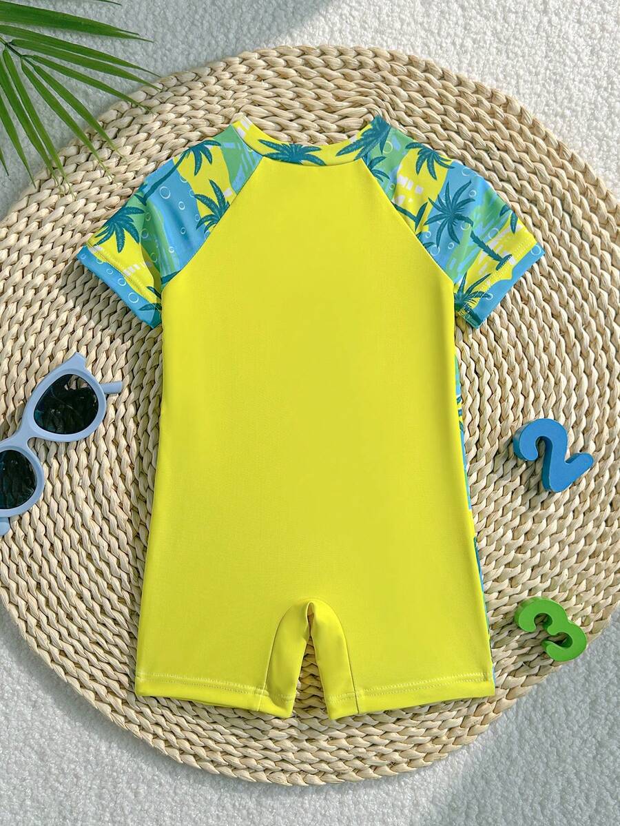Baby Dinosaur Print Zipper One-Piece Swimsuit for Summer Beach and Pool Days