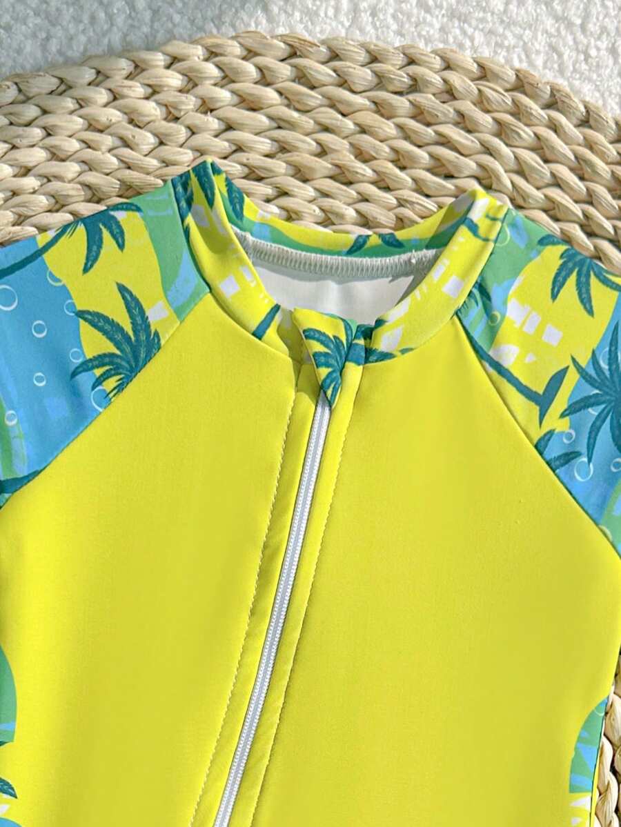 Baby Dinosaur Print Zipper One-Piece Swimsuit for Summer Beach and Pool Days