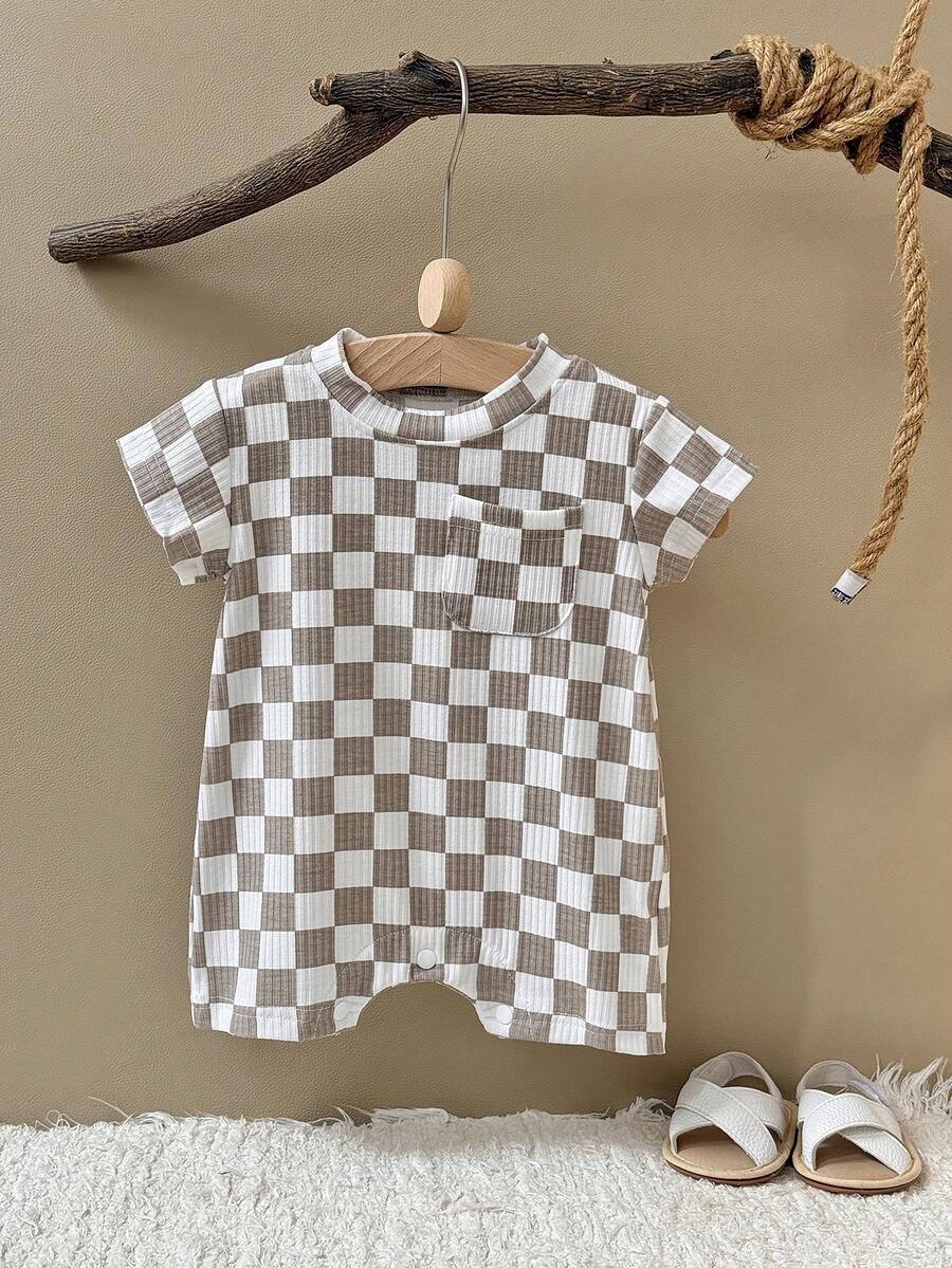 Summer Baby Boys And Girls One Piece Outfit Checkerboard Style