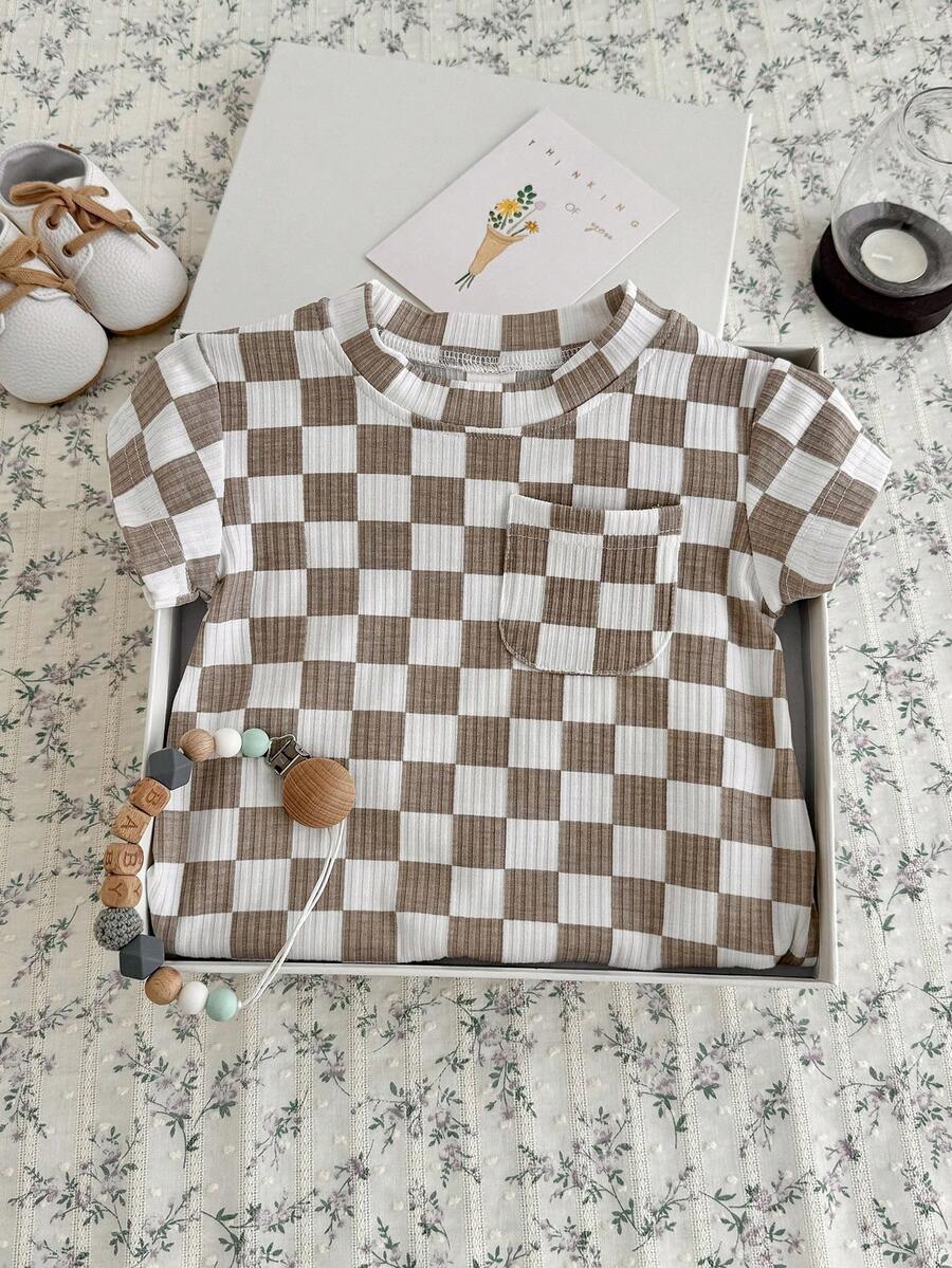 Summer Baby Boys And Girls One Piece Outfit Checkerboard Style