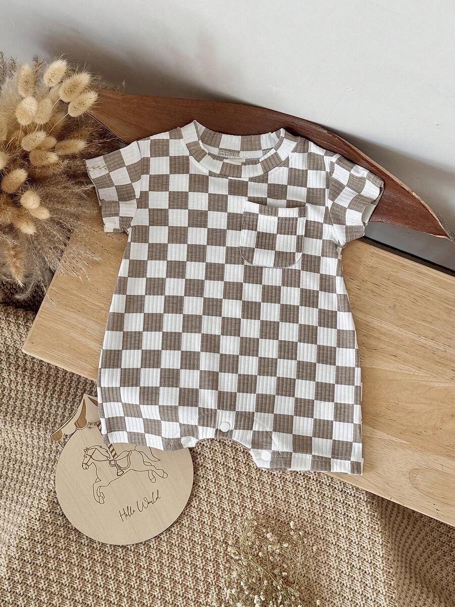 Summer Baby Boys And Girls One Piece Outfit Checkerboard Style