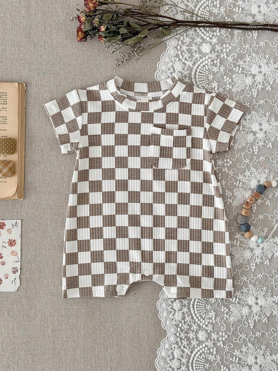 Summer Baby Boys And Girls One Piece Outfit Checkerboard Style