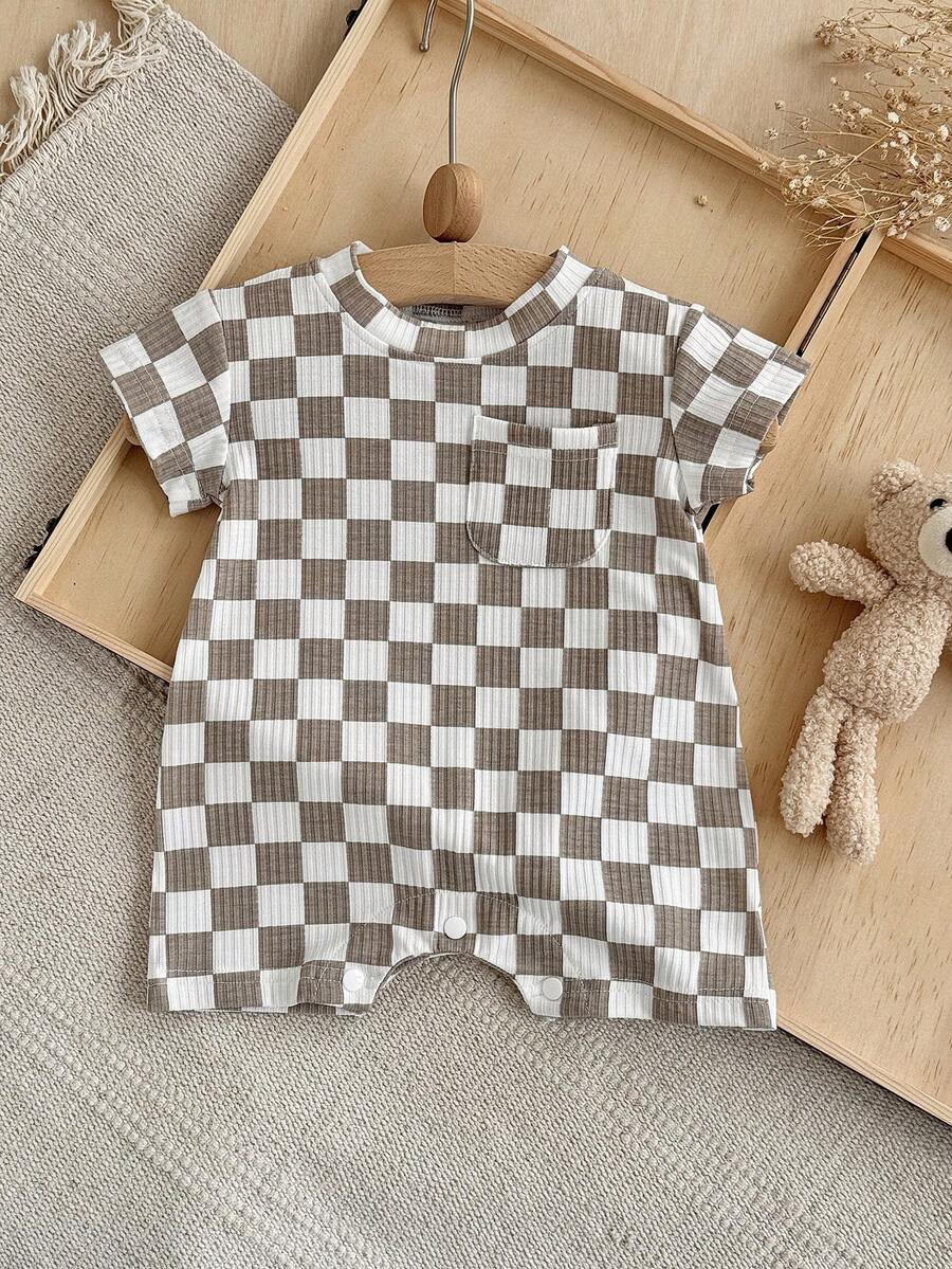 Summer Baby Boys And Girls One Piece Outfit Checkerboard Style