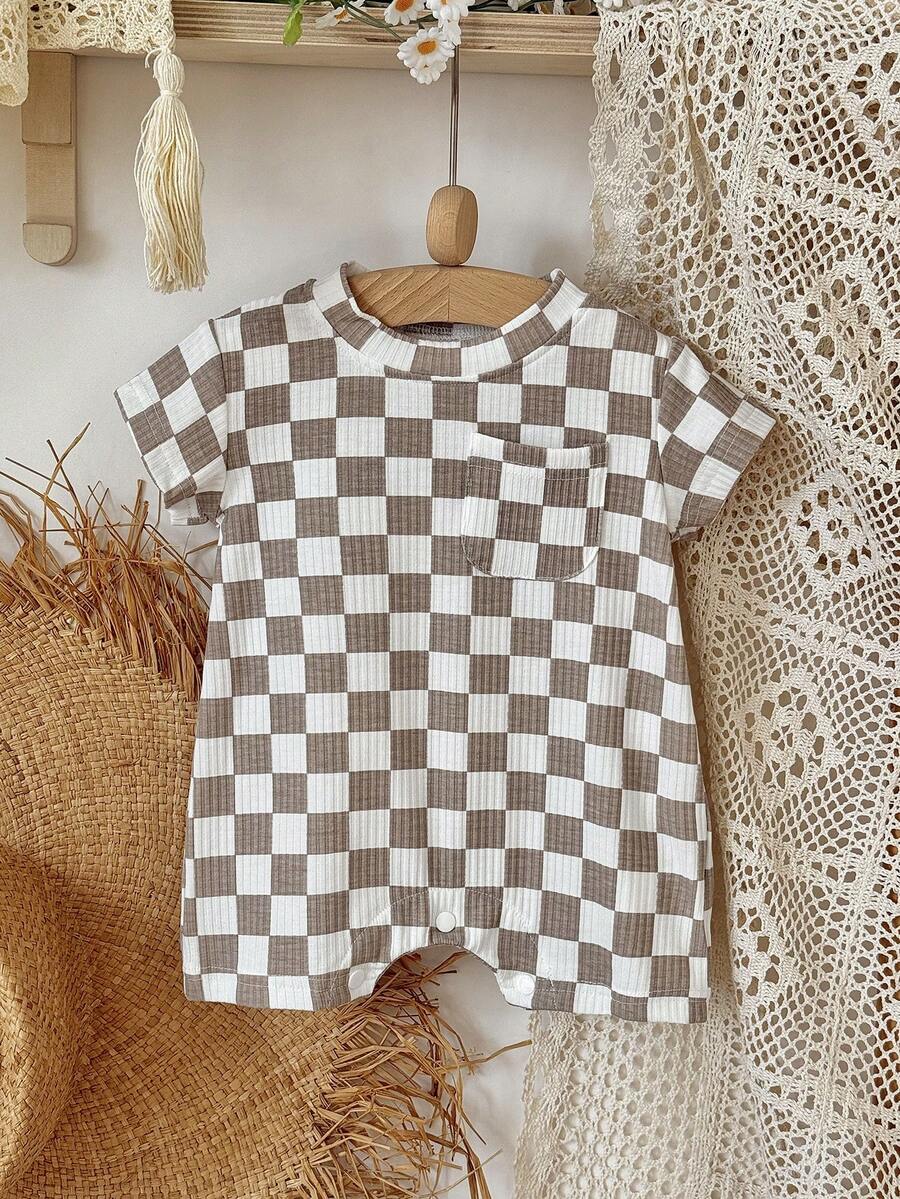Summer Baby Boys And Girls One Piece Outfit Checkerboard Style