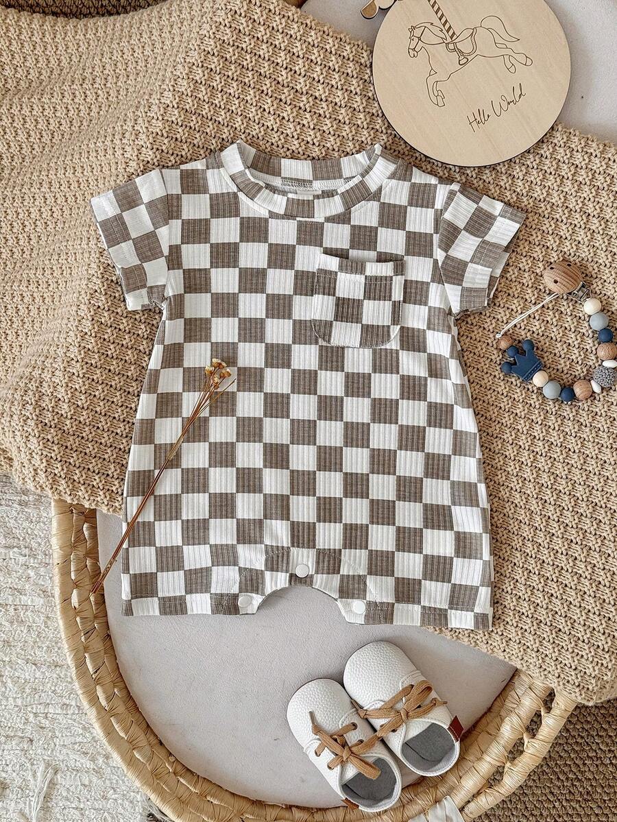 Summer Baby Boys And Girls One Piece Outfit Checkerboard Style