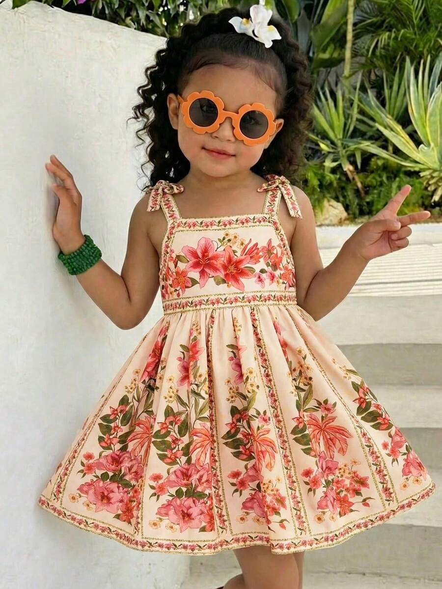Little Girls Floral Print Sleeveless Dress With Bow Tie Waist Cute Summer Outfit