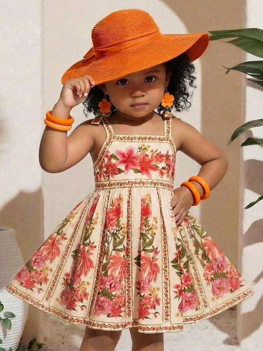 Little Girls Floral Print Sleeveless Dress With Bow Tie Waist Cute Summer Outfit