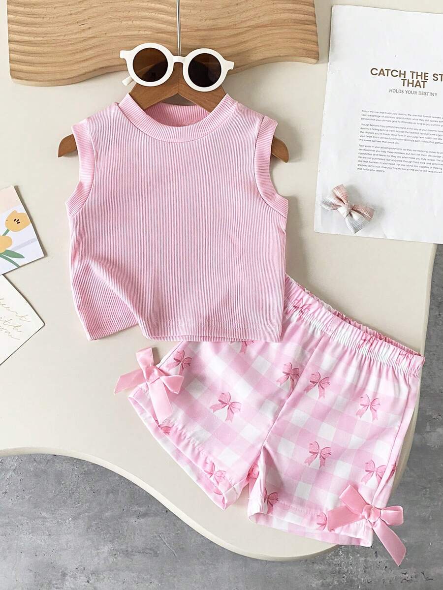 Baby Girl 2pcs Summer Blue Textured Top & Plaid Shorts Outfit
