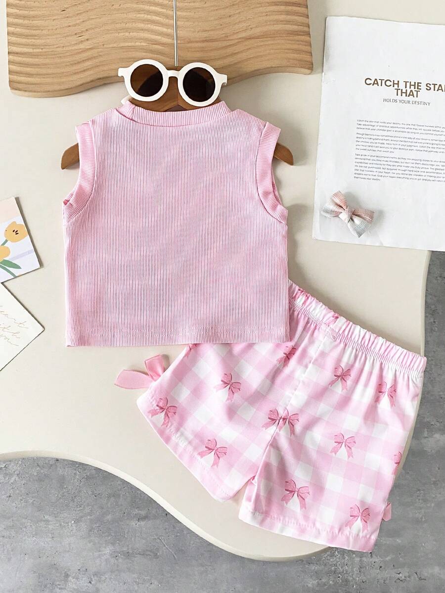 Baby Girl 2pcs Summer Blue Textured Top & Plaid Shorts Outfit