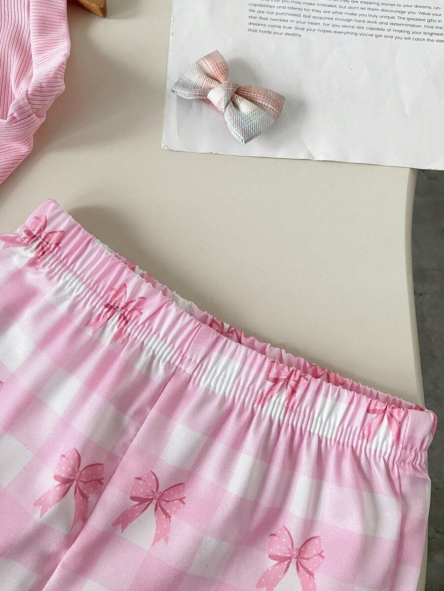 Baby Girl 2pcs Summer Blue Textured Top & Plaid Shorts Outfit