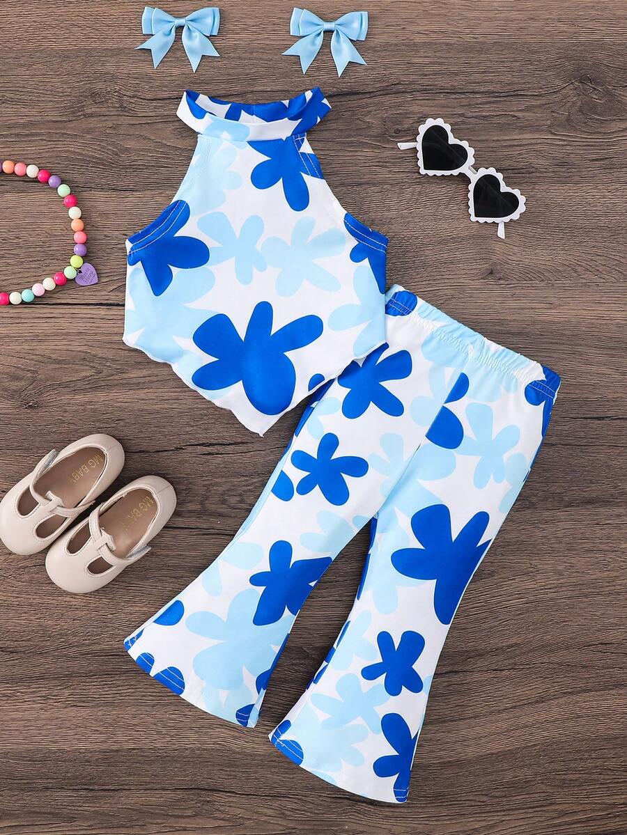 Heart Pattern Halter Top And Flared Pants Set For Baby Girls Valentine Outfit