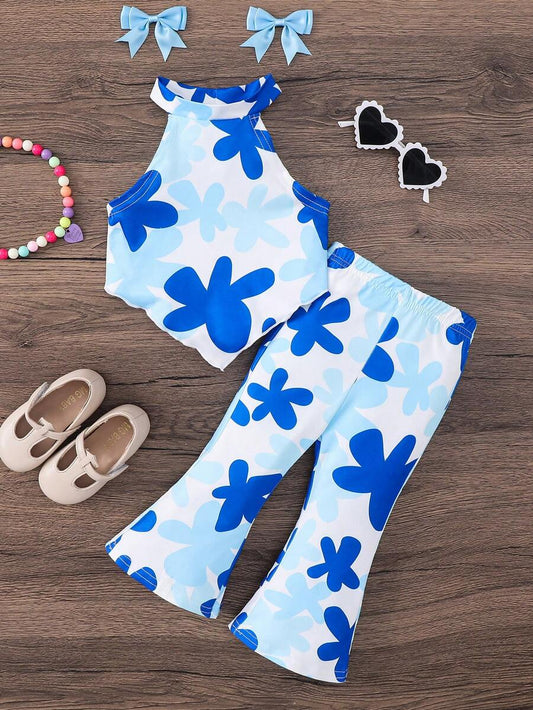 Heart Pattern Halter Top And Flared Pants Set For Baby Girls Valentine Outfit