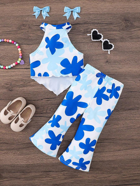 Heart Pattern Halter Top And Flared Pants Set For Baby Girls Valentine Outfit