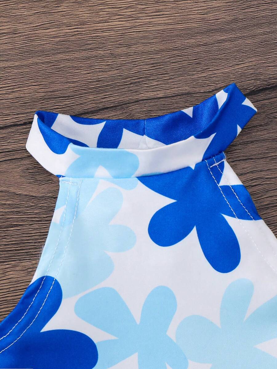 Heart Pattern Halter Top And Flared Pants Set For Baby Girls Valentine Outfit