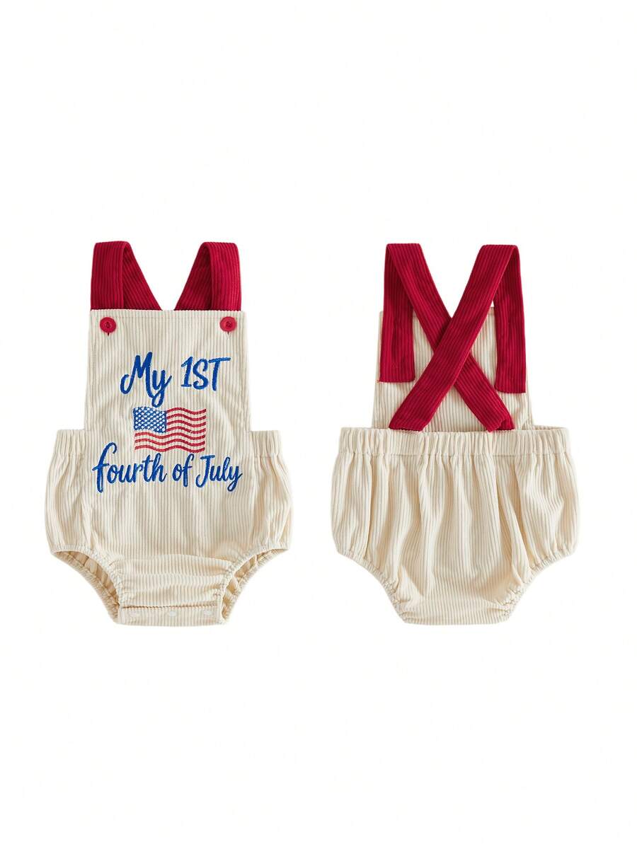 Infant 4th of July Jumpsuit with Flag Embroidery Sleeveless Square Neck Romper