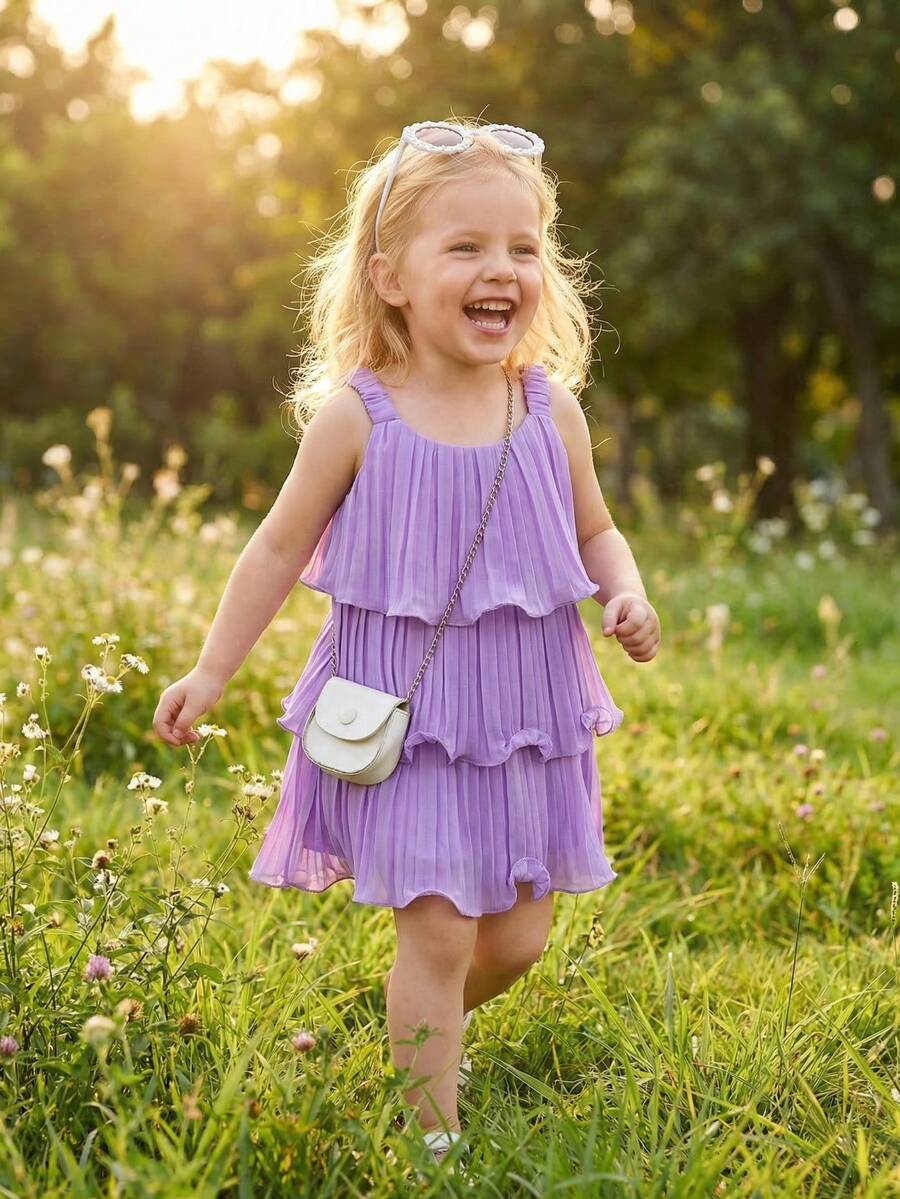 Summer Baby Girls Sleeveless Ruffle Cake Dress Solid Color Suspender Outfit
