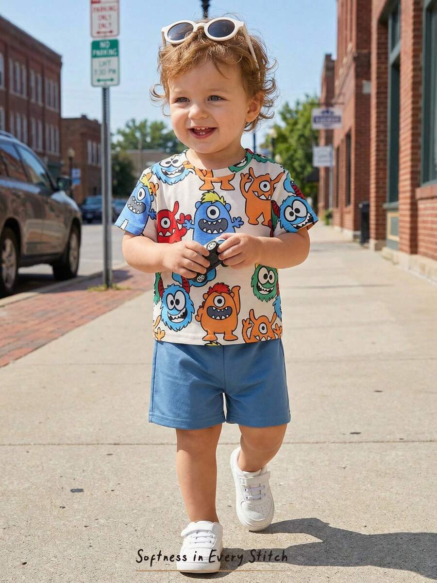 Baby Boy Animal Crayon Print T Shirt and Knitted Shorts 2 Piece Casual Spring Summer Outfit Set