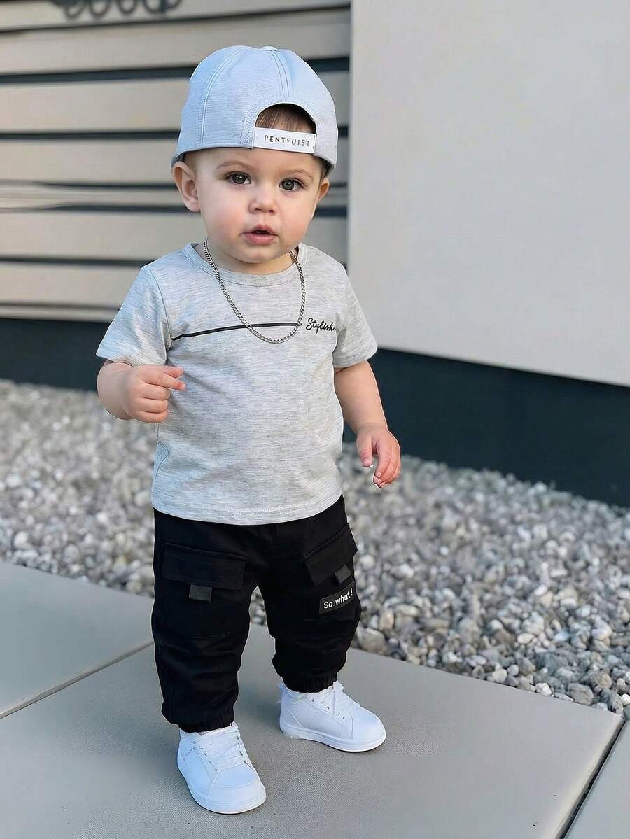 Baby Boy Letter Print T Shirt and Large Pocket Pants 2 Piece Casual Outfit Set for Spring Summer Autumn